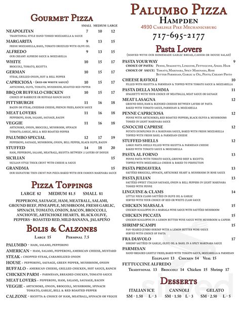 palumbo's italian eatery menu Order takeaway and delivery at Palumbo's Italian Eatery, Harrisburg with Tripadvisor: See 30 unbiased reviews of Palumbo's Italian Eatery, ranked #127 on Tripadvisor among 400 restaurants in Harrisburg